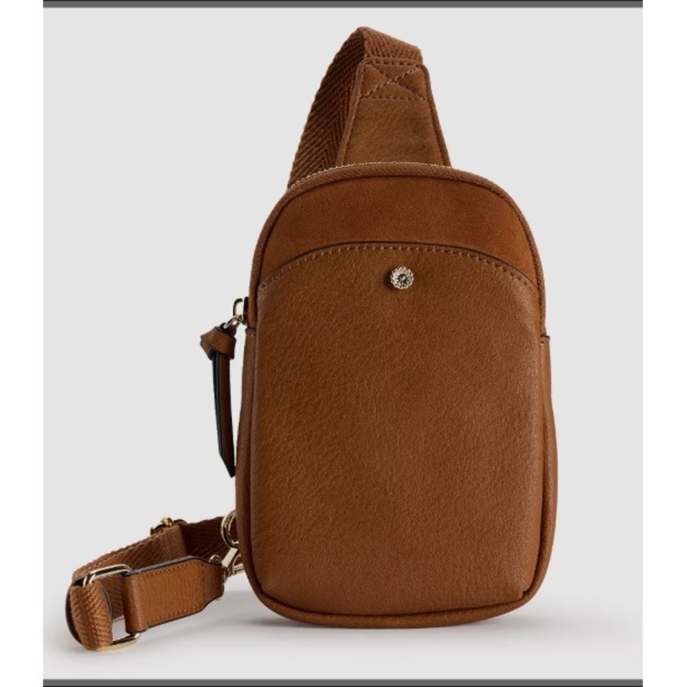 LC Lauren Conrad Cognac Faux Leather Sling Bag Crossbody Gold Tone Hardware